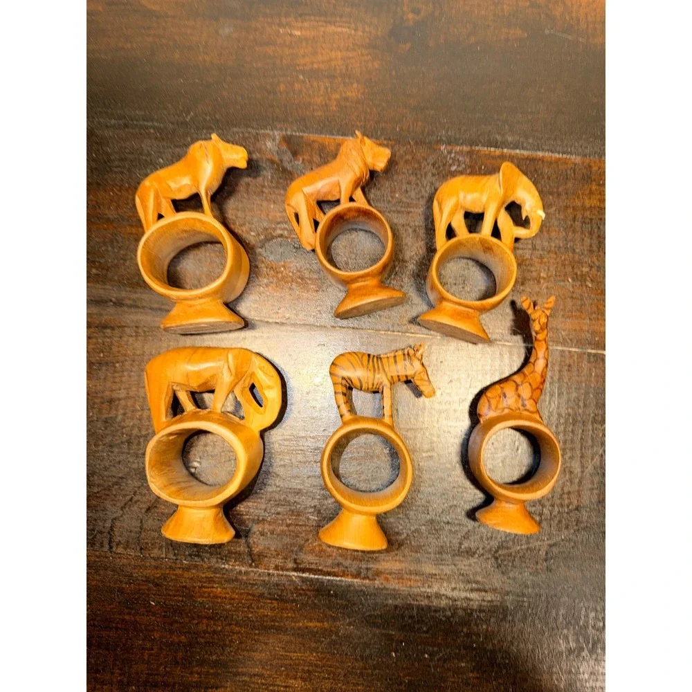 6 Hand Carved Wooden‎ Africa Kenya Safari Animal Napkin Rings